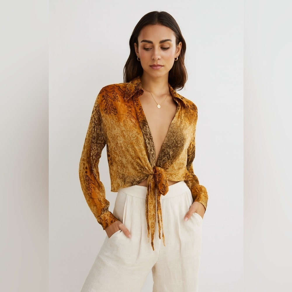Carrou Collection Boho Tie Front Blouse Size 3 Brown Orange Sheer Resort Wear